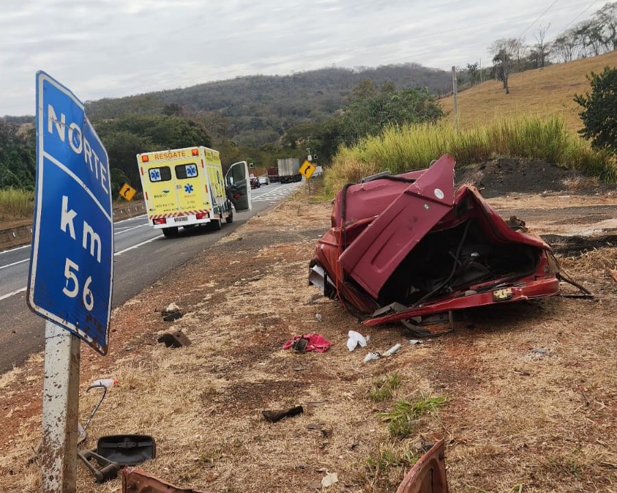 Caminhão carregado de grama capota e fica destruído após colisão na BR-050, próximo a Araguari