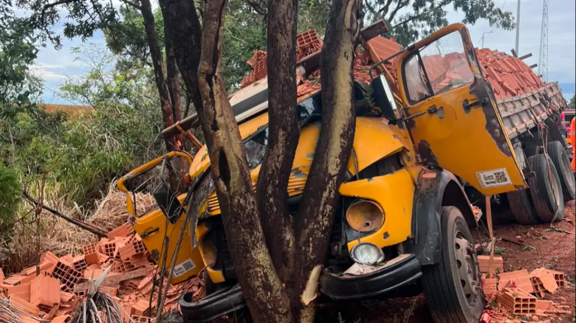 Caminhão carregado com tijolos bate em árvore na BR-365; passageiro e motorista ficam feridos