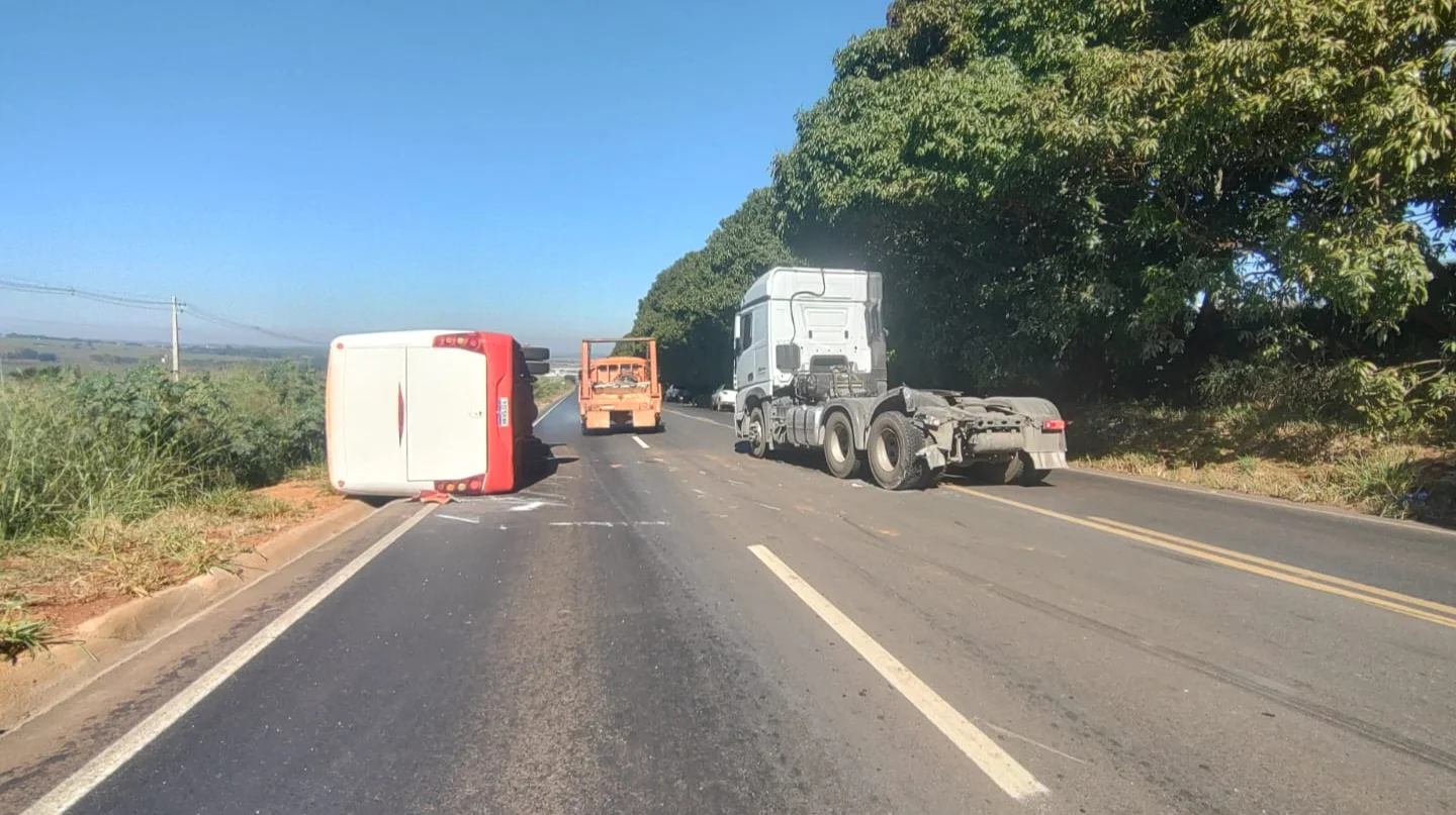 Ônibus sem passageiros tomba na rodovia BR-365