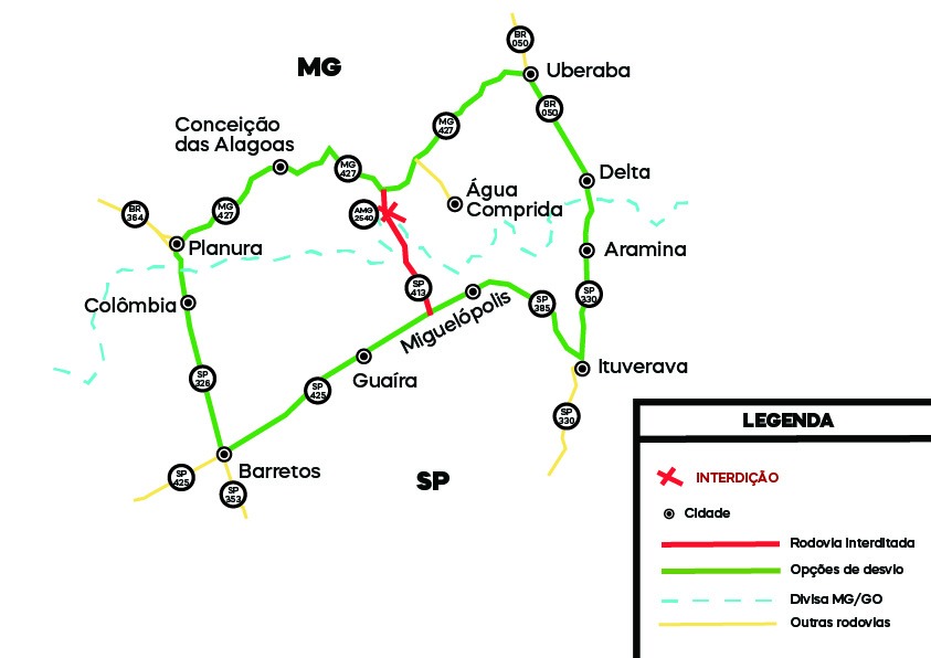 Mapa de rotas alternativas durante a interdição da ponte da volta grande